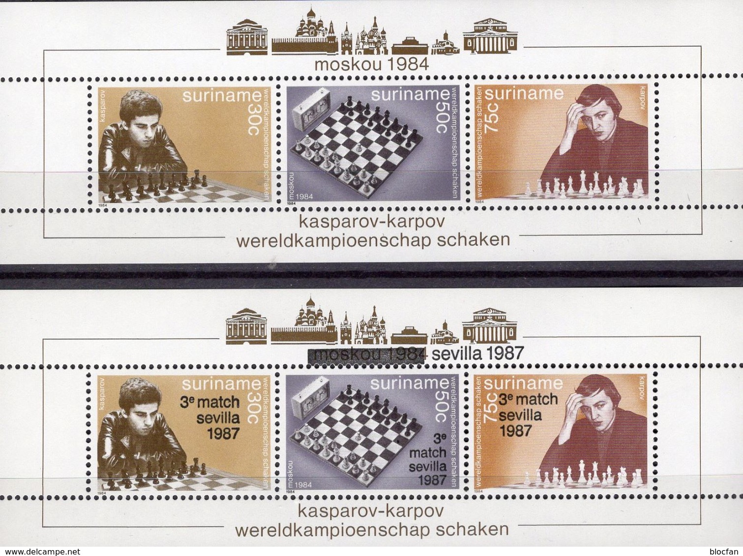 Championat 1984 Surinam Blocks 38+46 ** 35€ Schach-Eröffnung Kasparov Aufdruck 1987 Blocs Overprint Sheets Bf Chess - Surinam