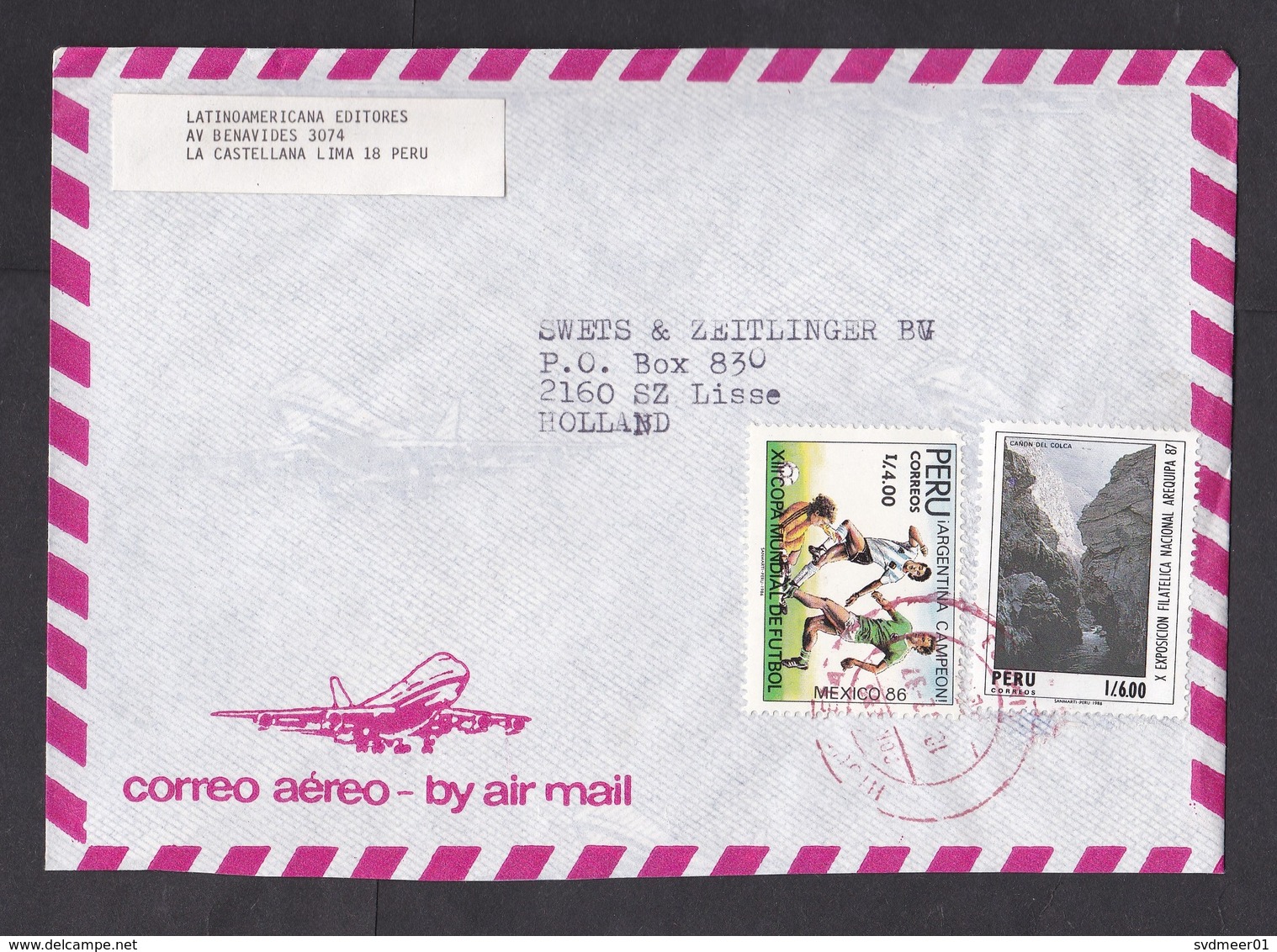 Peru: Airmail Cover To Netherlands, 1987, 2 Stamps, World Cup Soccer, Football, Arequipa, Rare Real Use (minor Damage) - Peru