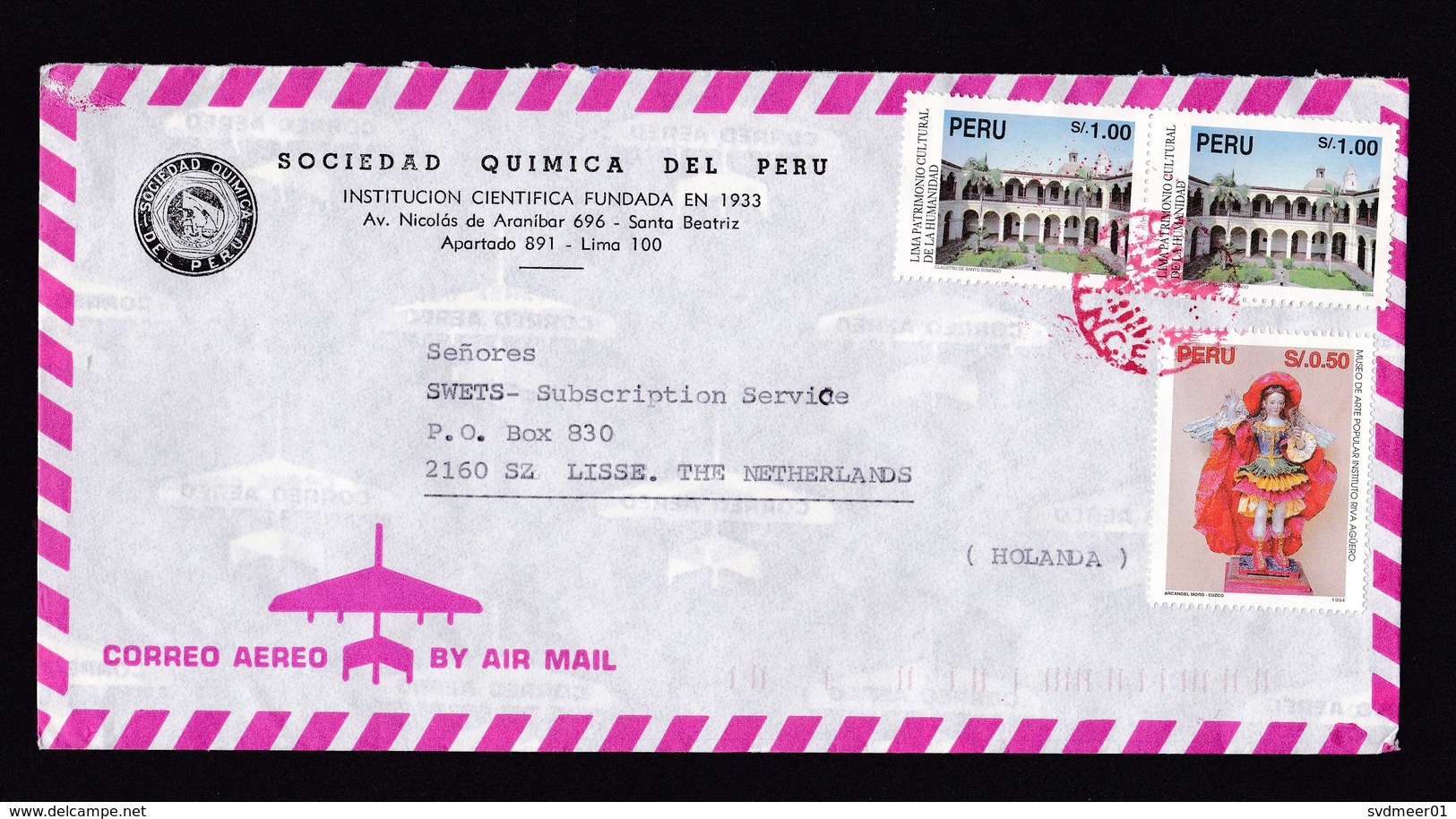 Peru: Airmail Cover To Netherlands, 3 Stamps, Heritage, Architecture, Angel, Uncommon Red Cancel (traces Of Use) - Peru