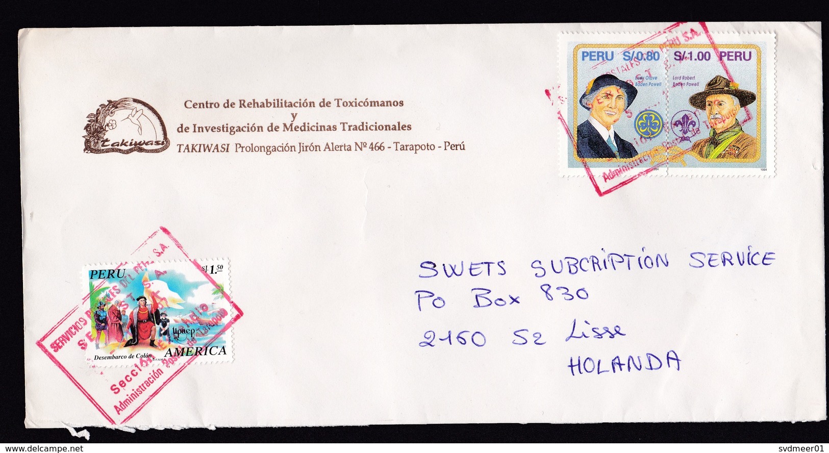 Peru: Cover To Netherlands, 1987, 3 Stamps, Scouting, Baden Powell, Scouts, Rare! (Columbus Stamp Damaged) - Peru