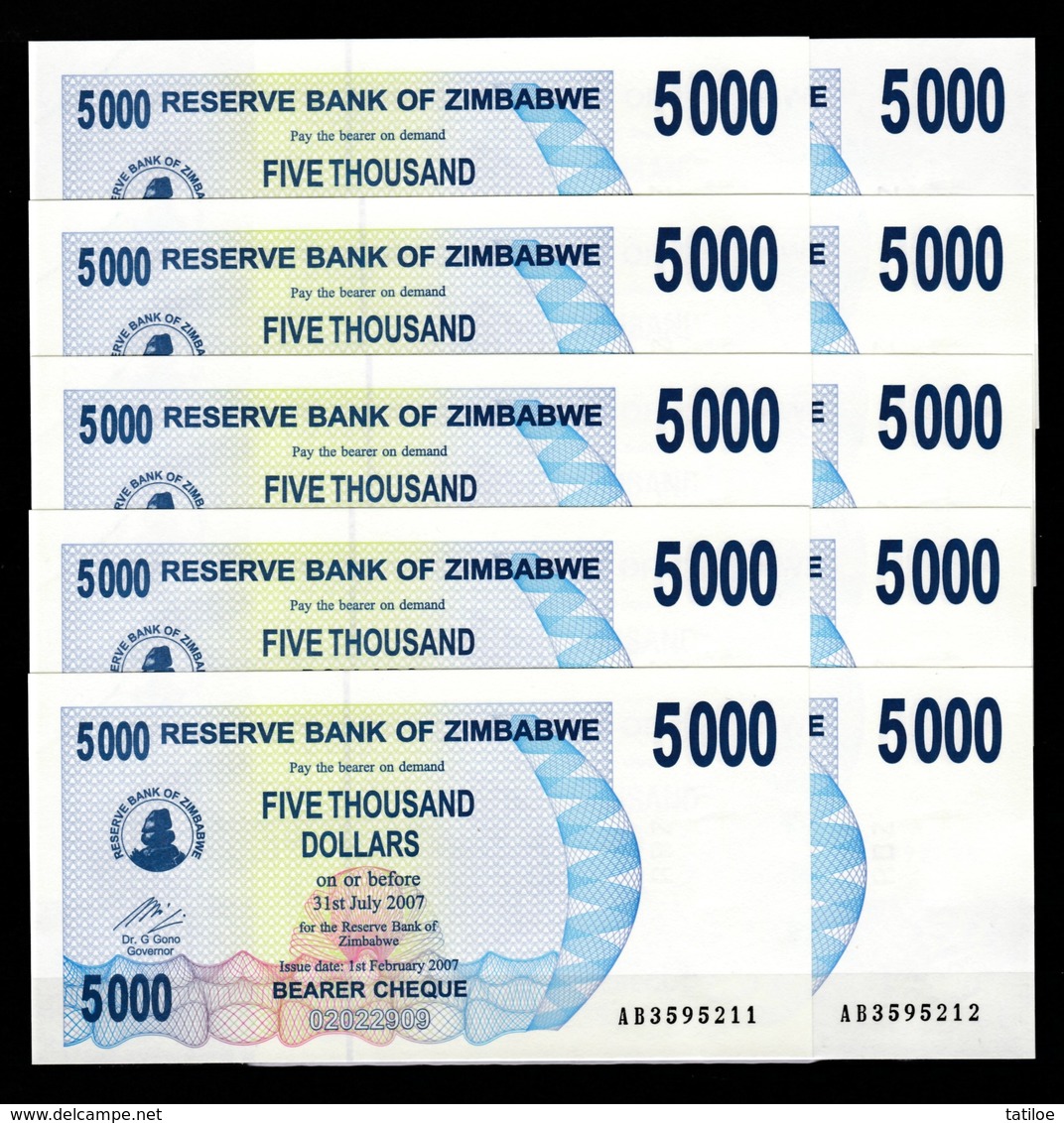 Zimbabwe 10 Pcs @ 5000 Dollars / 2006 / Pick 45 / UNC / AB Prefix / Bearer Cheque / Pre-100 Trillion Era - Zimbabwe