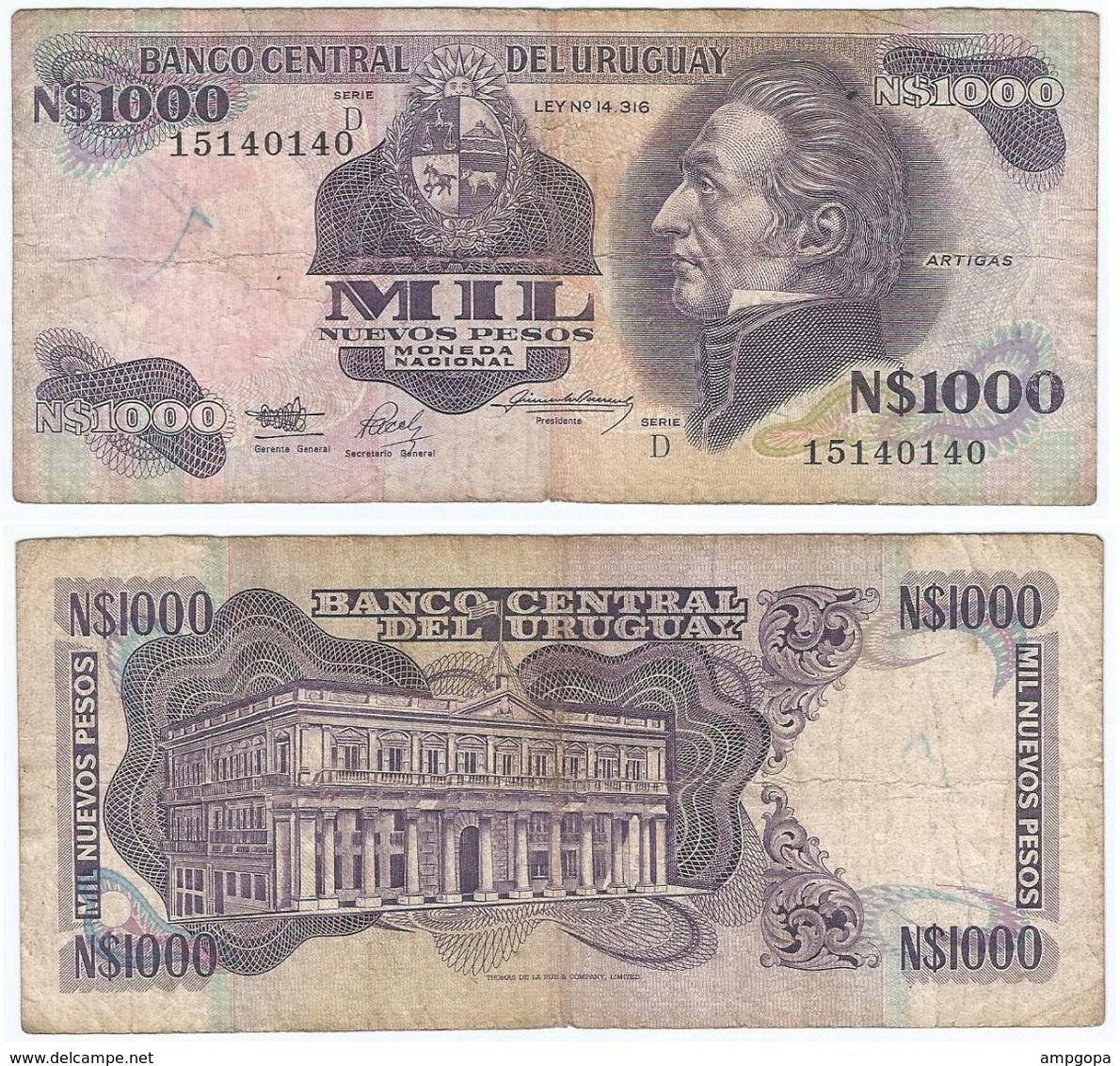 Uruguay 1.000 Pesos 1992 Pick 64A.b Ref 1495 - Uruguay
