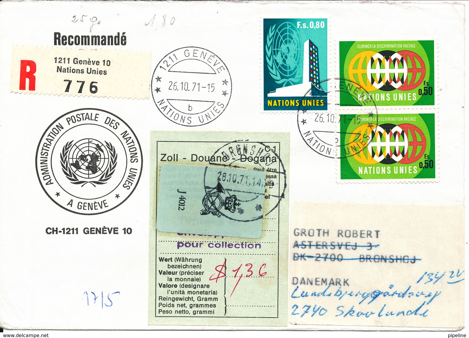 United Nations Geneve Registered Cover With Green Douane Label C1 Sent To Denmark 26-10-1971 - Lettres & Documents