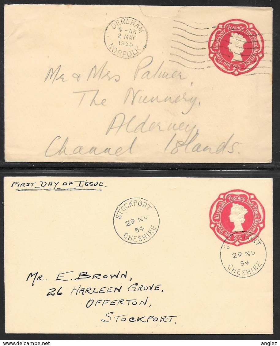 Great Britain - 2 1/2d Stationery Evelopes X 2 1954/5 Inc First Day Of Issue - Luftpost & Aerogramme