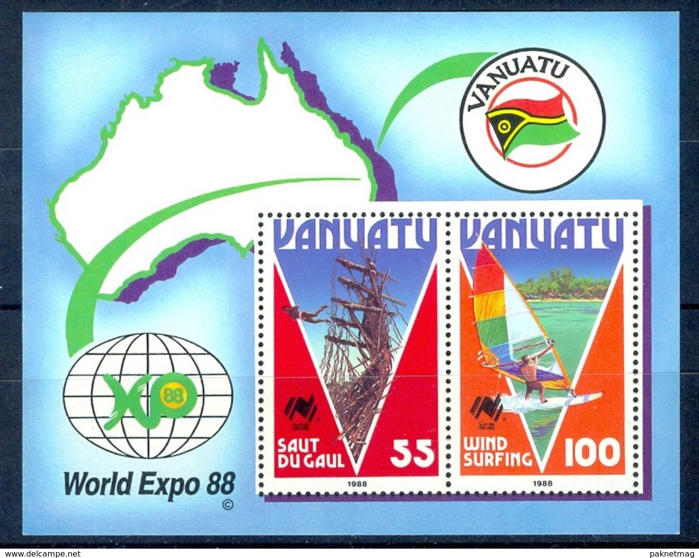 A23- Vanuatu Land Diving And 100v Wind Surfing Se-tenant Pair Tourism World Expo '88 Souvenir Sheet. - Vanuatu (1980-...)