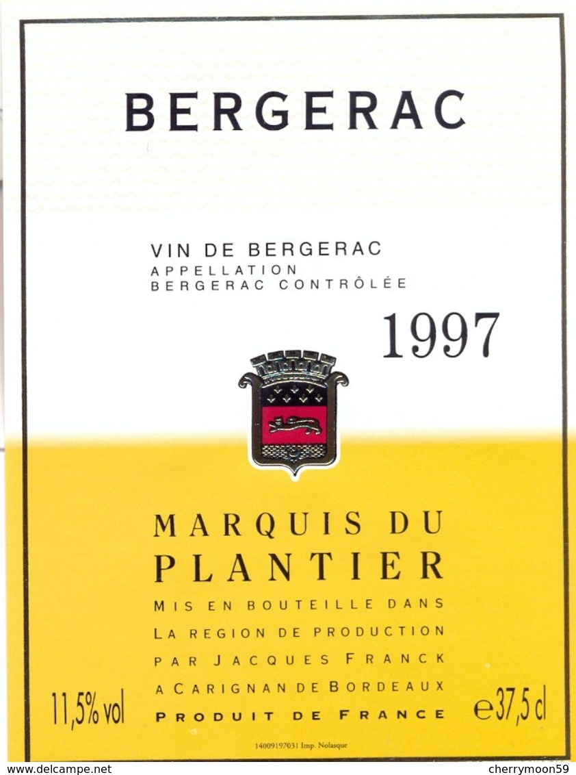 1 Etiquette Ancienne De VIN - MARQUIS DU PLANTIER 1997 - BERGERAC - Bergerac