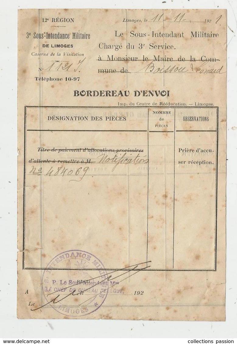 Bordereau D'envoi De Pièces , Militaria , 12 E Région, 3 éme Sous Intendance Militaire De LIMOGES , 1921 , Haute Vienne - Ohne Zuordnung