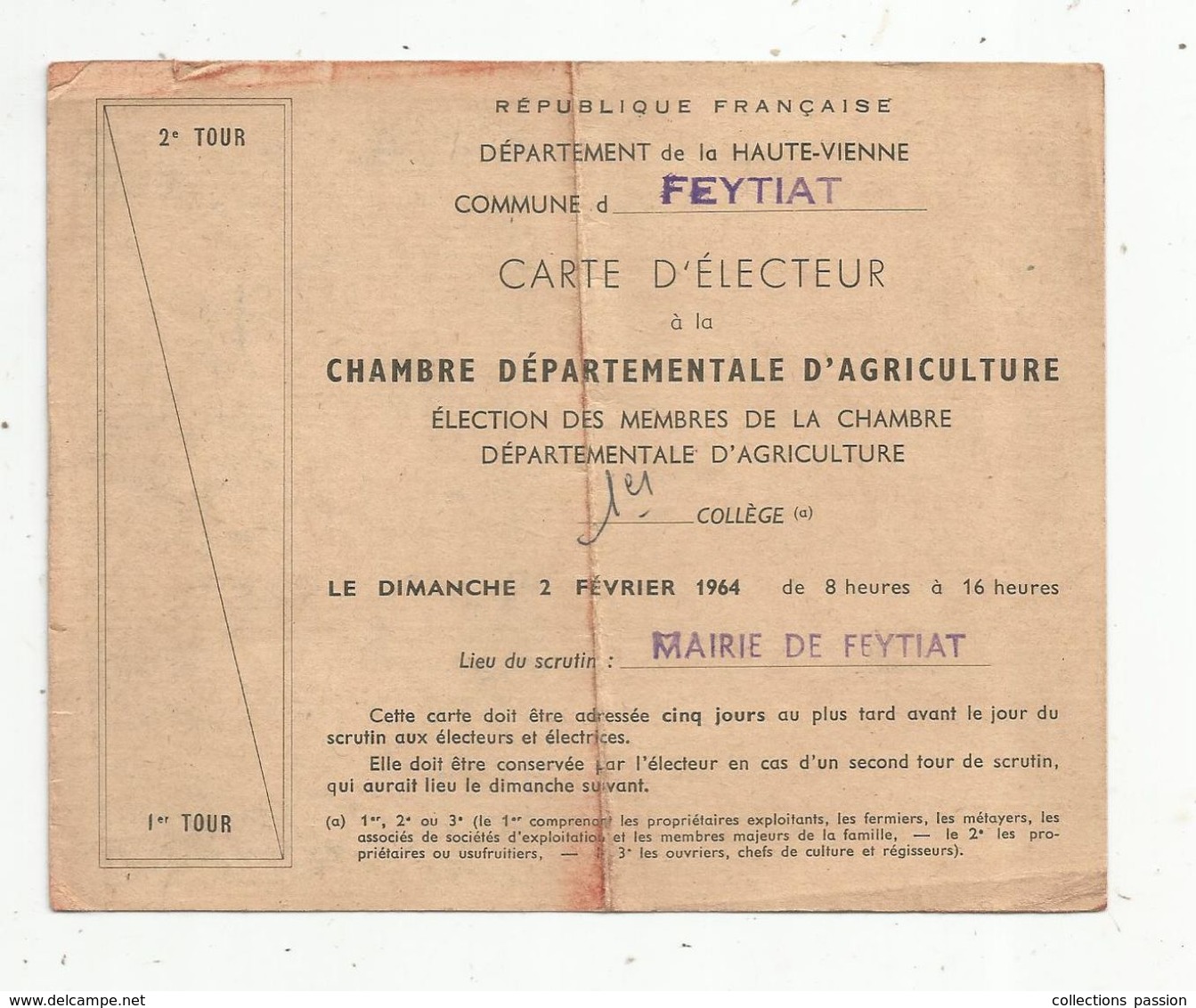 Carte D'électeur ,haute Vienne , FEYTIAT , Chambre Départementale D'agriculture , 1964 , 2 Scans - Ohne Zuordnung