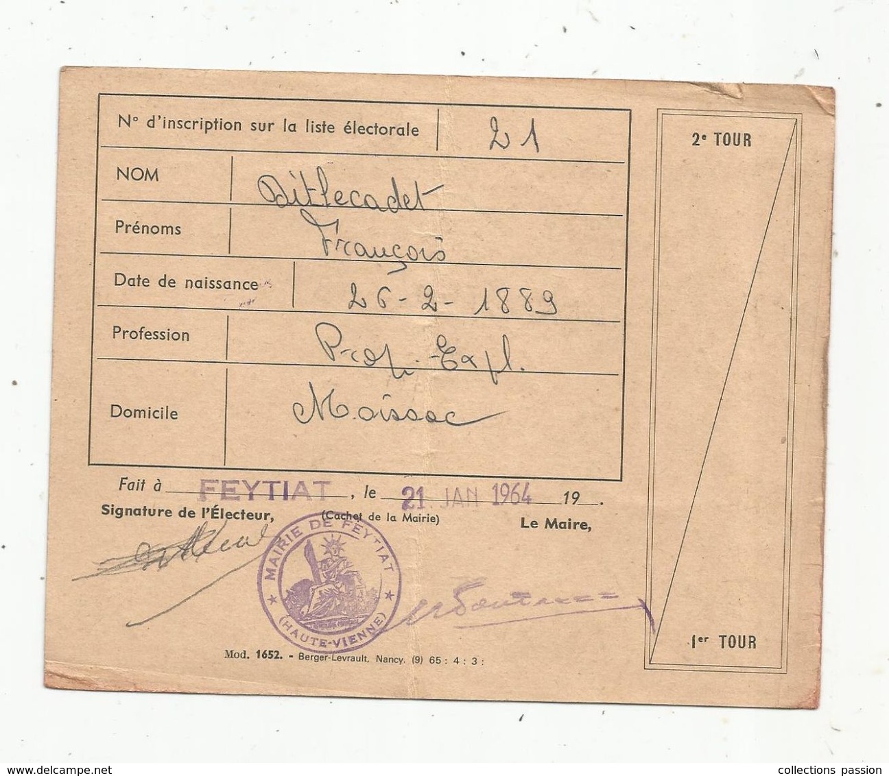 Carte D'électeur ,haute Vienne , FEYTIAT , Chambre Départementale D'agriculture , 1964 , 2 Scans - Ohne Zuordnung