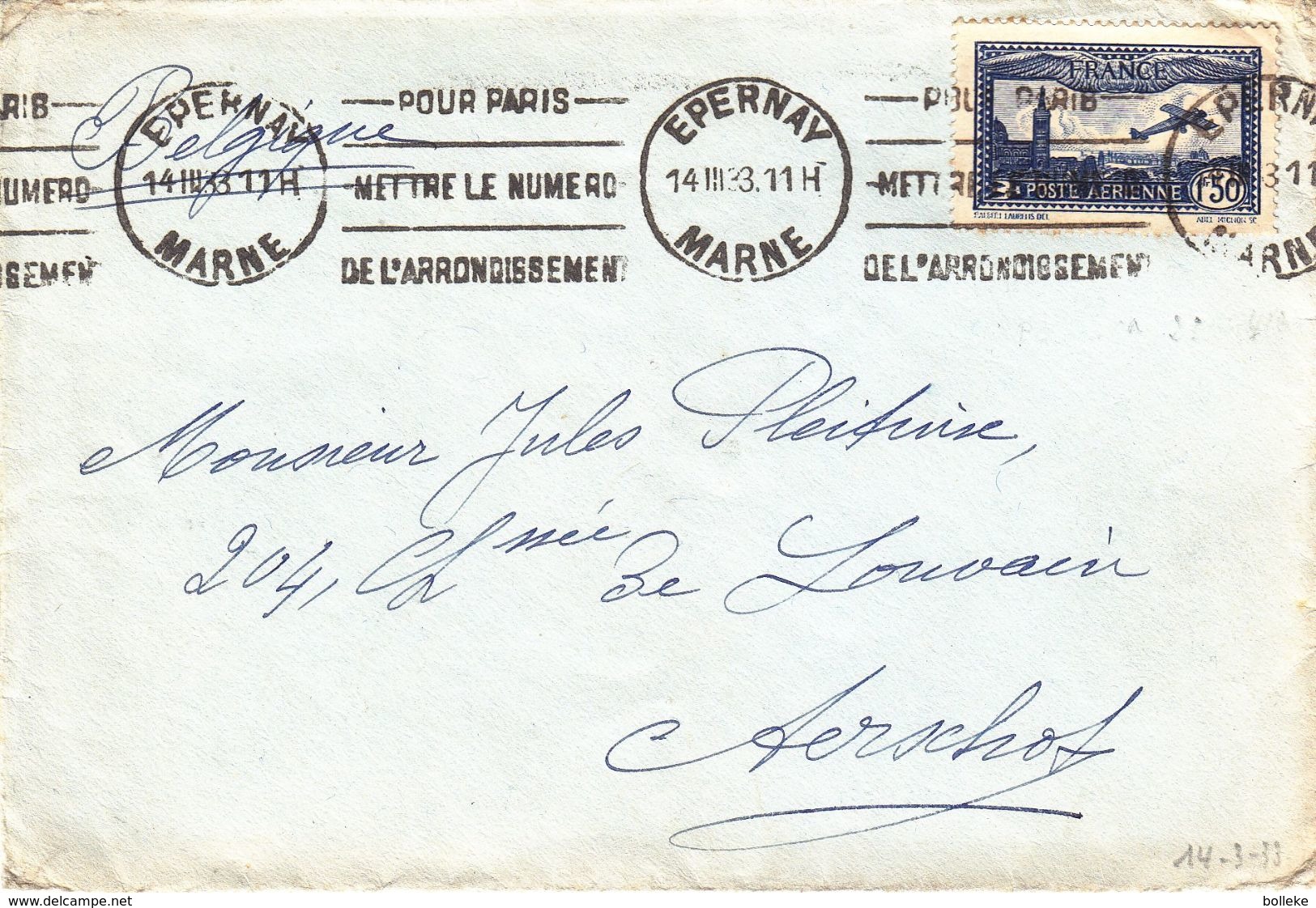 France - Lettre De 1933 - Oblit Epernay - Exp Vers Aerschot - Avions - - Briefe U. Dokumente