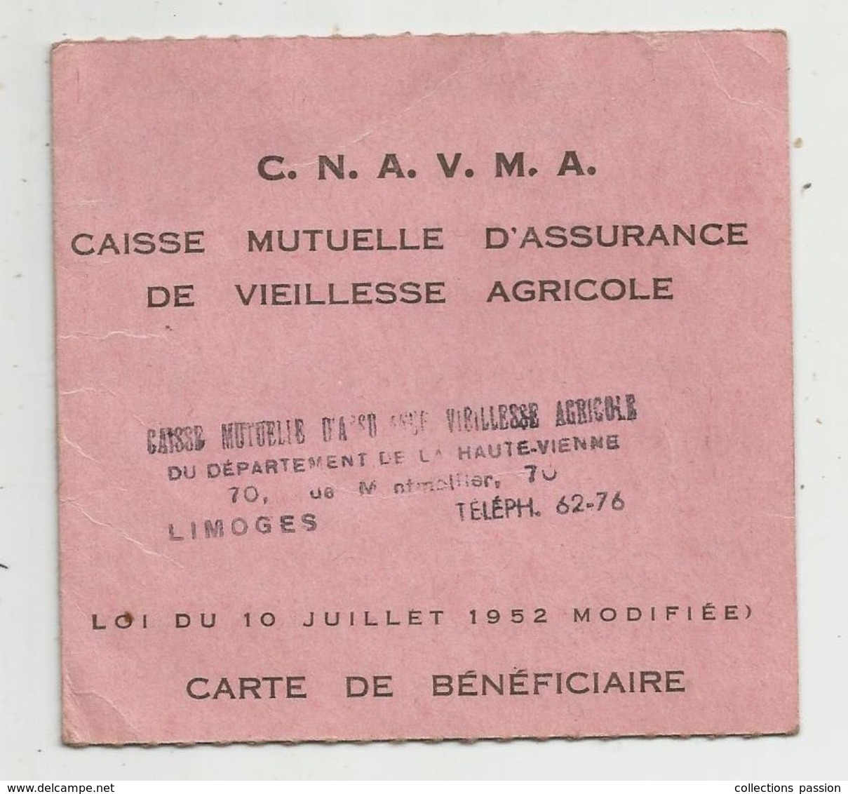 Carte De Bénéficiaire ,haute Vienne , LIMOGES , 1959, Caisse Mutuelle D'assurance De Vieillesse Agricole, 2 Scans - Ohne Zuordnung