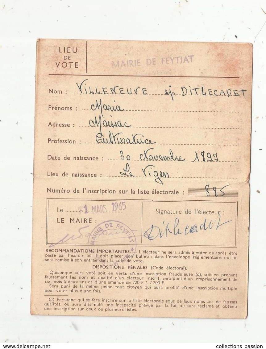 Carte D'électeur ,haute Vienne , FEYTIAT , 1965 , 2 Scans - Ohne Zuordnung