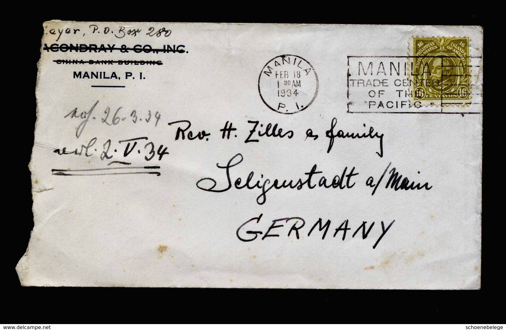 A5141) US Philipppines Cover Manila 02/18/34 With 16c To Germany - Philippines