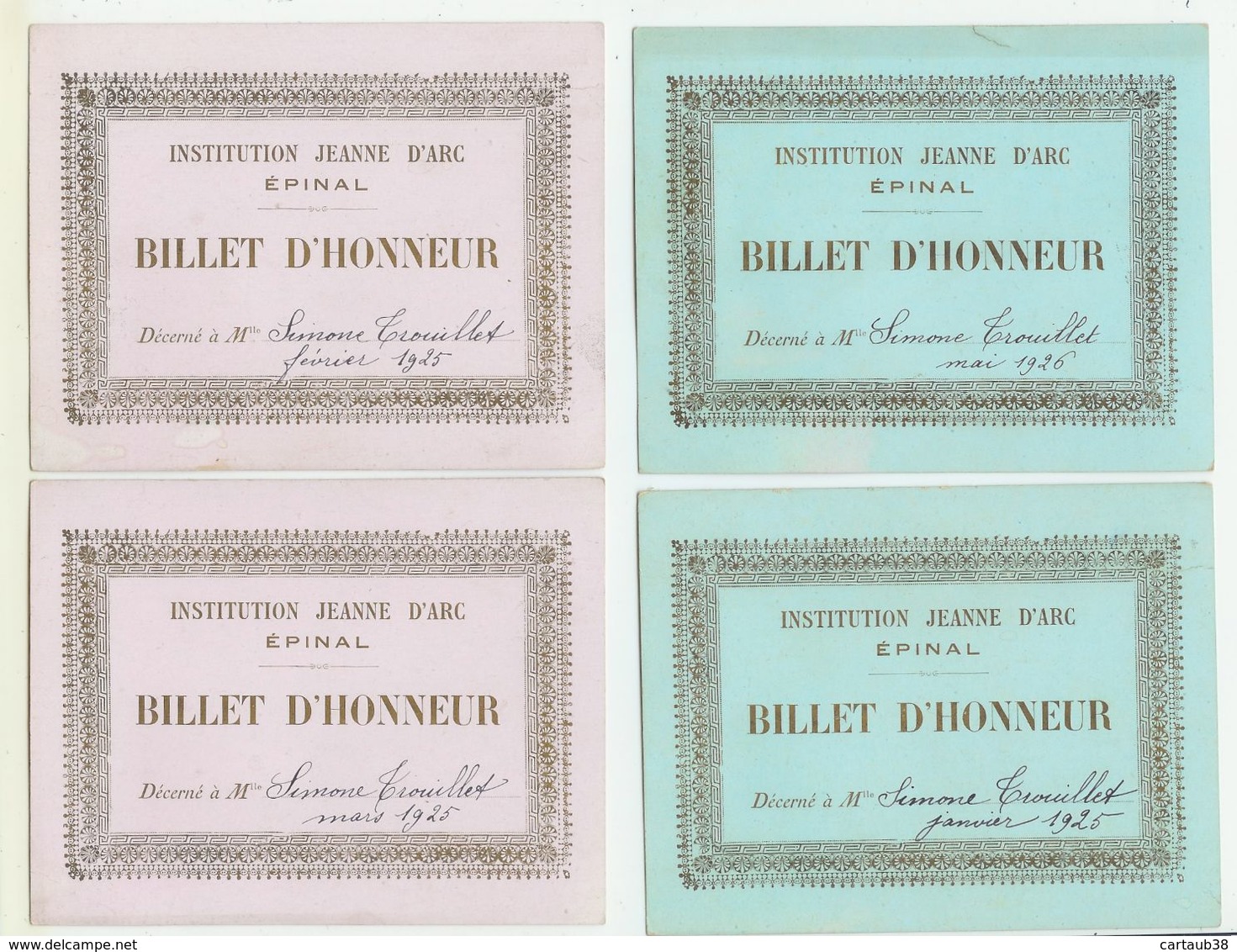12  Billets D'Honneur  De 1922à 1926 Institution Jeanne D'Arc  EPINAL (voir Scans Et Description) - Diploma & School Reports