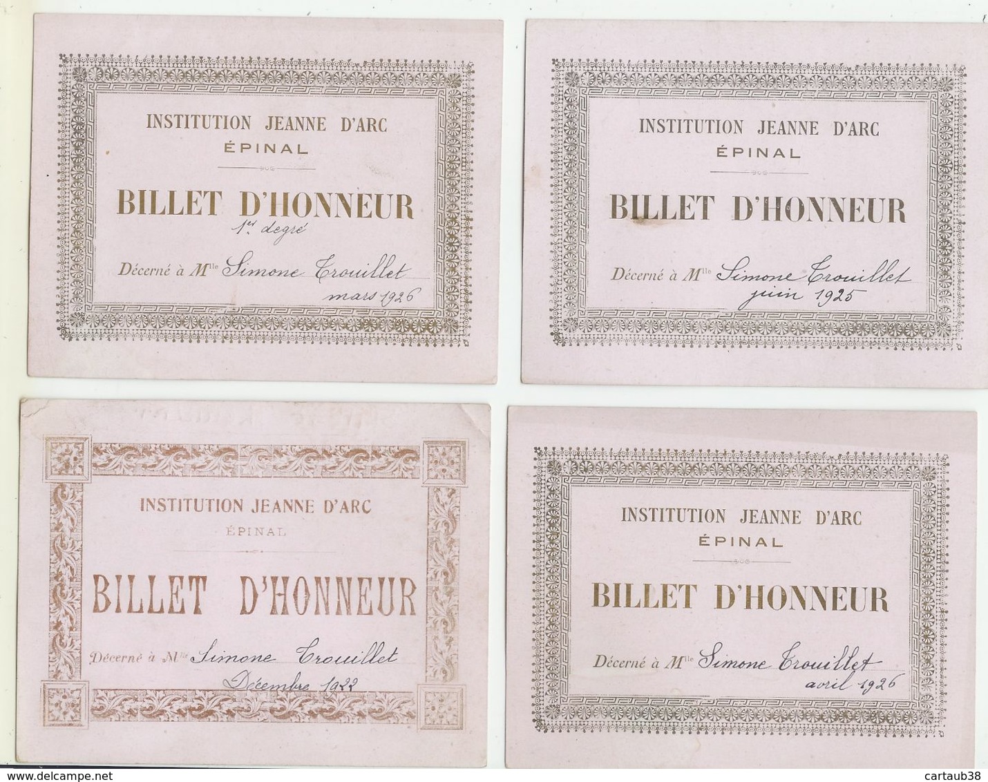 12  Billets D'Honneur  De 1922à 1926 Institution Jeanne D'Arc  EPINAL (voir Scans Et Description) - Diplômes & Bulletins Scolaires