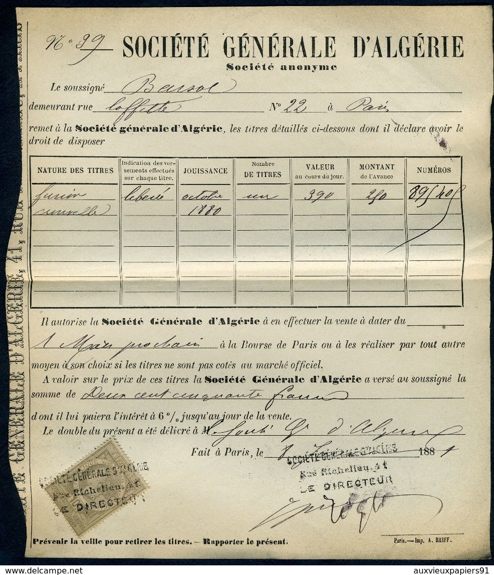 Timbre Fiscal 10 C Quittance N° 6 + 6 C - Société Générale D'algérie - Vente De Titres - Reçu De 250 Fr Du 08/06/1881 - Documents Historiques
