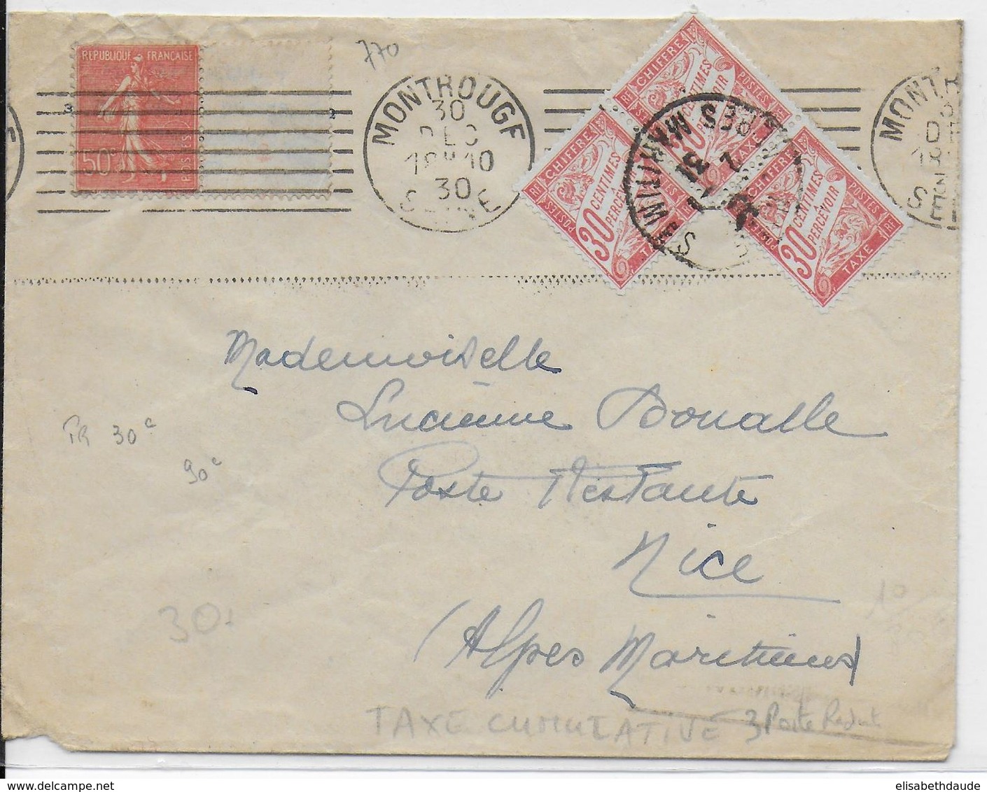 TAXE DUVAL Pour POSTE RESTANTE - 1930 - ENVELOPPE De MONTROUGE => NICE - 1859-1959 Storia Postale