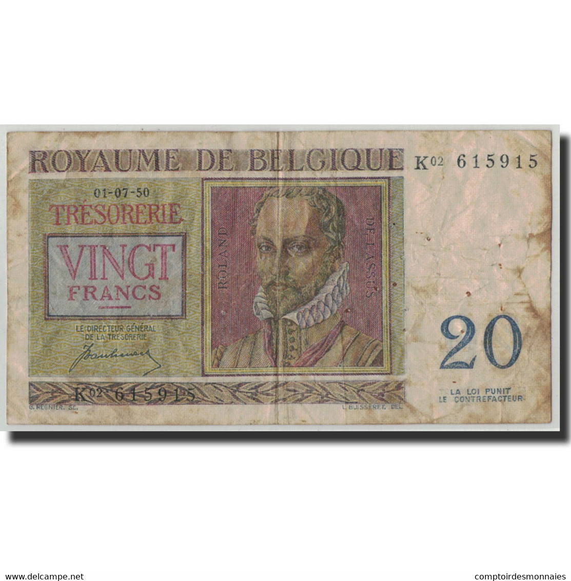 Billet, Belgique, 20 Francs, 1950, 1950-07-01, KM:132a, B - 20 Francos