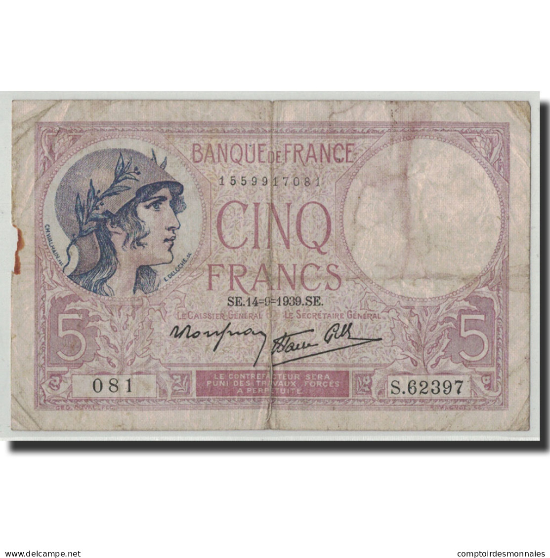 France, 5 Francs, 5 F 1917-1940 ''Violet'', 1939, 1939-09-14, B, Fayette:4.8 - 5 F 1917-1940 ''Violet''