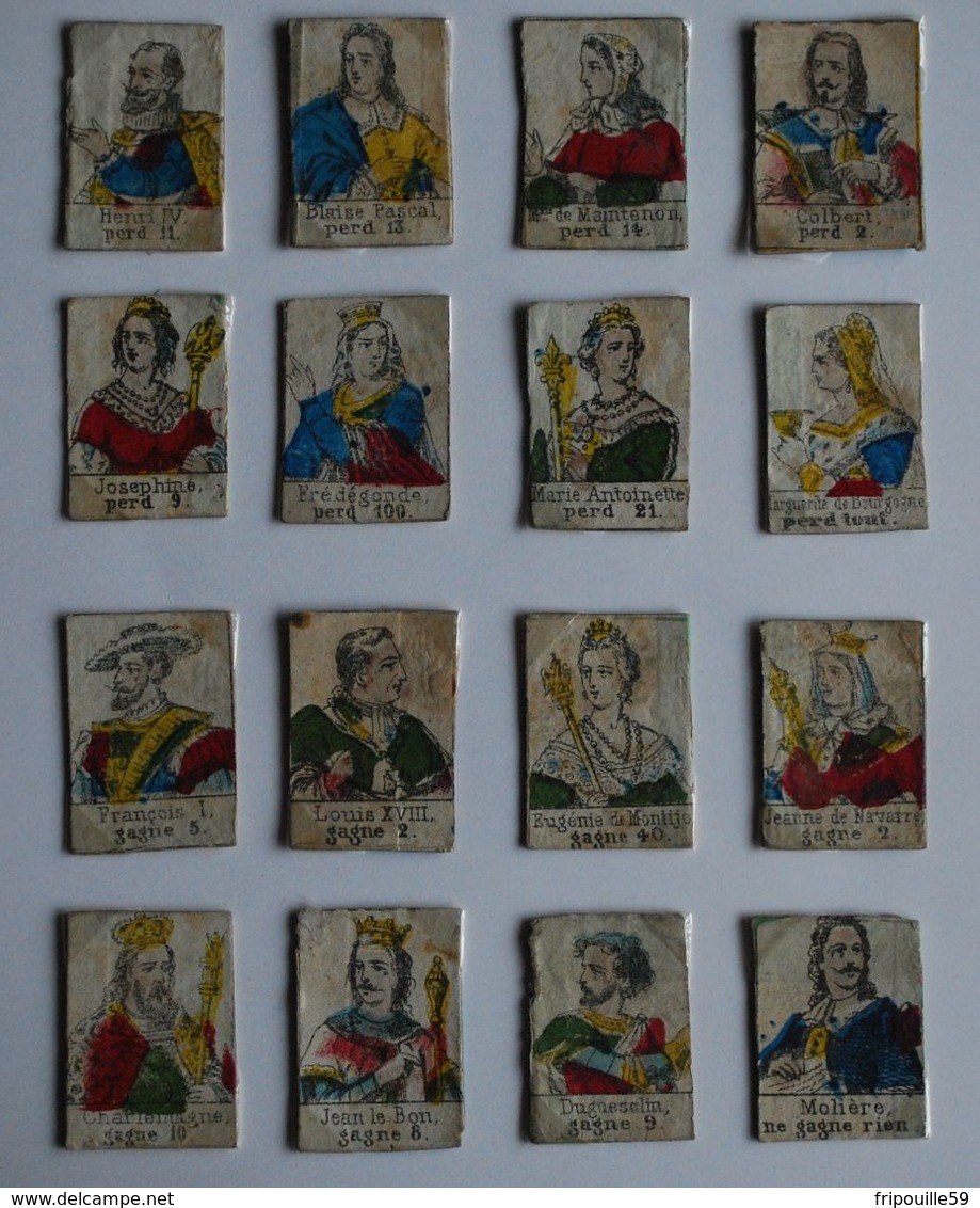 Lot De 16 Anciennes Et Rares Petites Cartes à Jouer Avec Personnages Historiques - Vers 1830 - Format : 4 X 2,5 Cm - Jouets Anciens