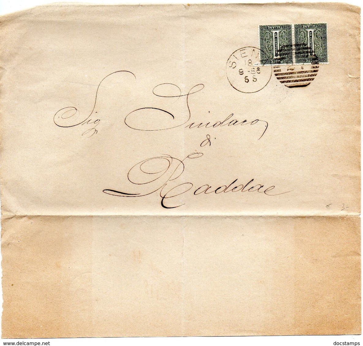 ##(ANT182)- 18-9-1886- Siena - Coppia Cent.1 Su Porzione Di Piego No Testo Per Radda,  Annullo Numerale A Barre (27) - Storia Postale