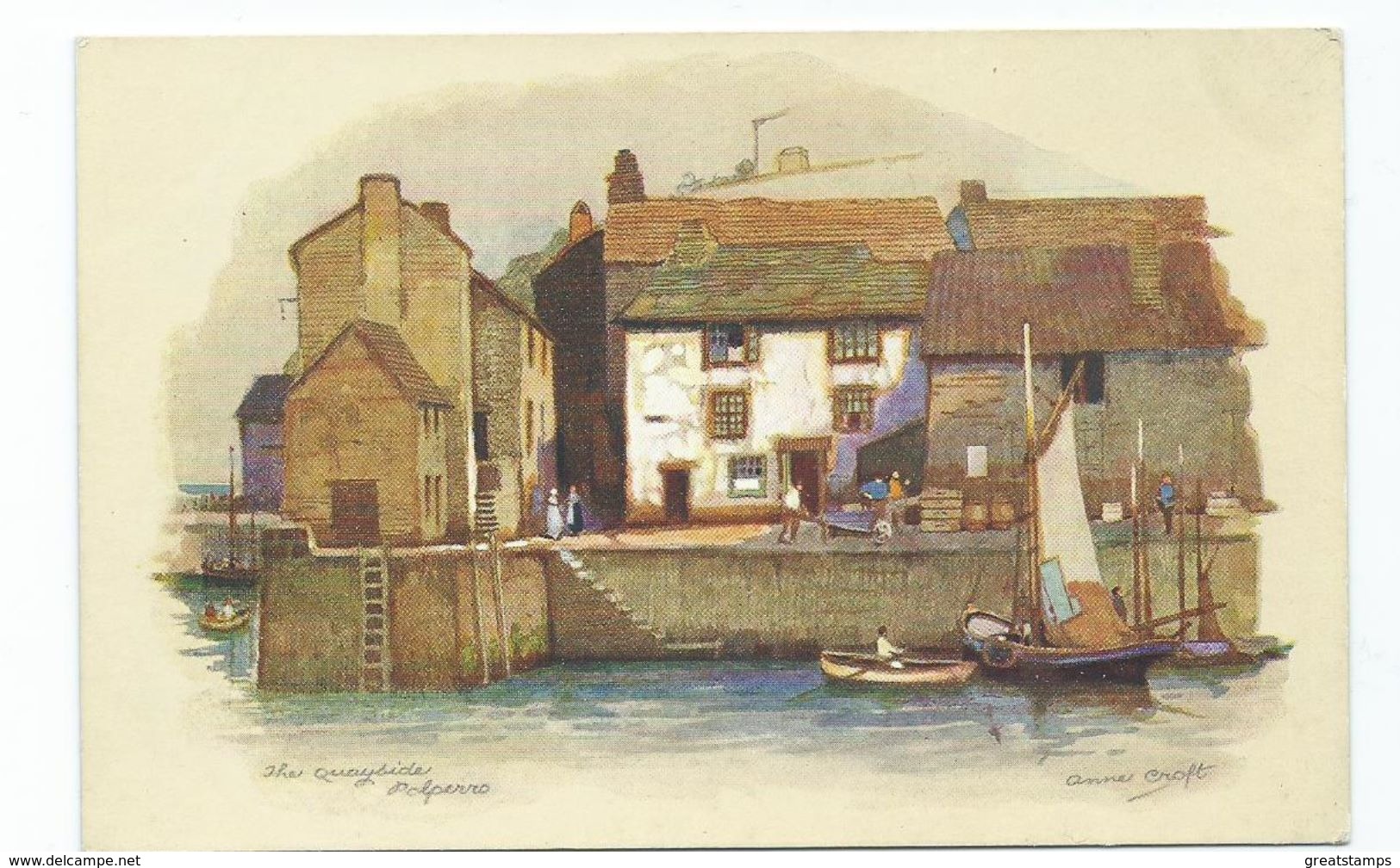 Cornwall Rp Postcard Polperro Artist Signed Anne Croft. The Quayside . Unposted.vivian Mansell Series - Altri & Non Classificati