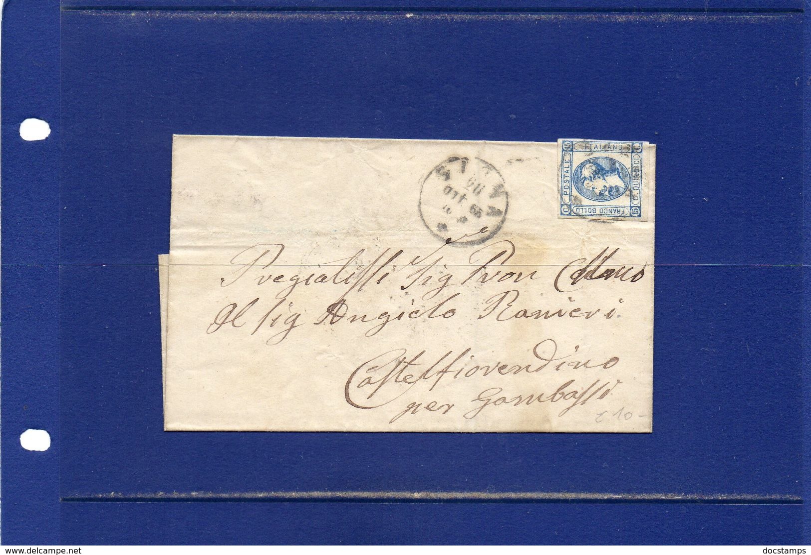 ##(ANT182)- 26-10-1865 - Siena -piego Privo Di Testo Affrancato Con Effigie  Cent.15 Non Dentellato Per Castelfiorentino - Poststempel