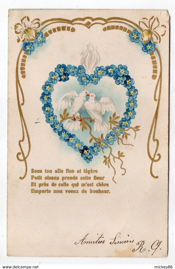 Fantaisie --1905--- Amitiés Sincères -- Colombes Dans Un Coeur Fleuri--cachet St Jean D'Angély-17 - Autres & Non Classés