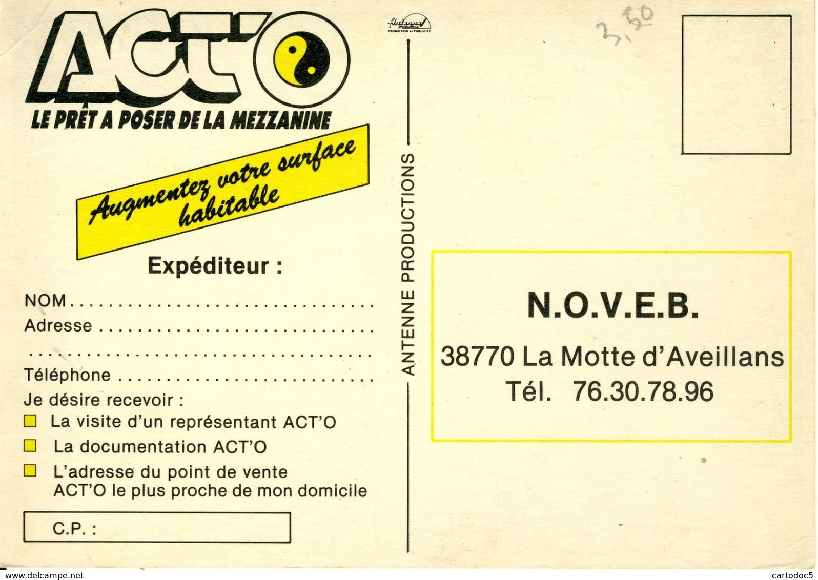 ACT'O Le Prêt à Poser De La Mezzanine N.O.V.E.B La Motte D'Aveillans (38° Dos Scané  Cpsm Format 10-15 - Publicité