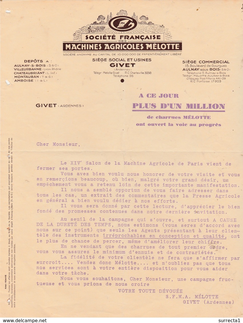 Courrier Publicitaire / Machines Agricoles MELOTTE / Un Million De Charrues ! / 08 GIVET Ardennes - Other & Unclassified