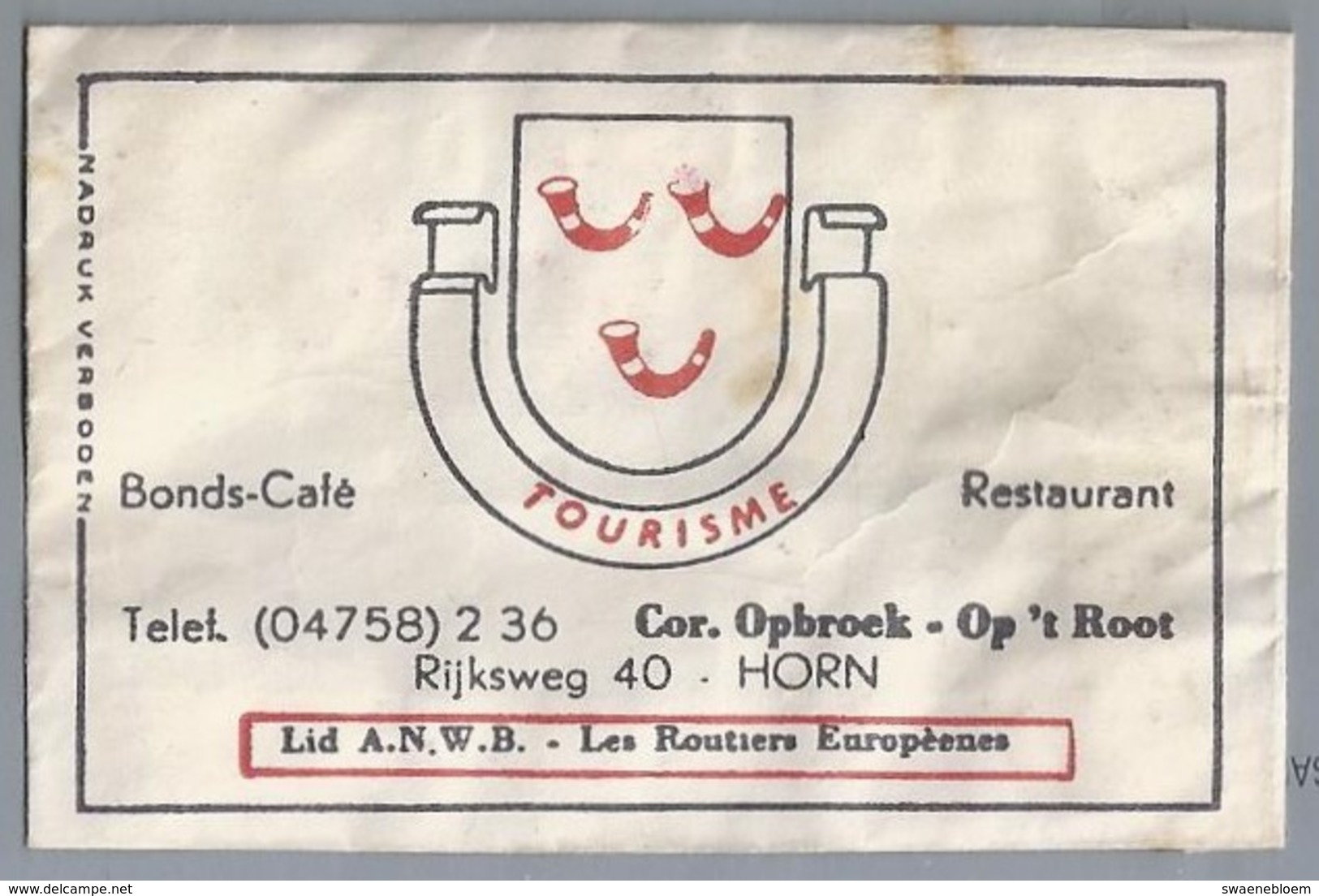 Suikerzakje.- HORN. BONDS - CAFÉ RESTAURANT - TOURISME -. Cor. Opbroek - Op 't Root. RIJKSWEG 40. A.N.W.B. Les Routiers - Suiker