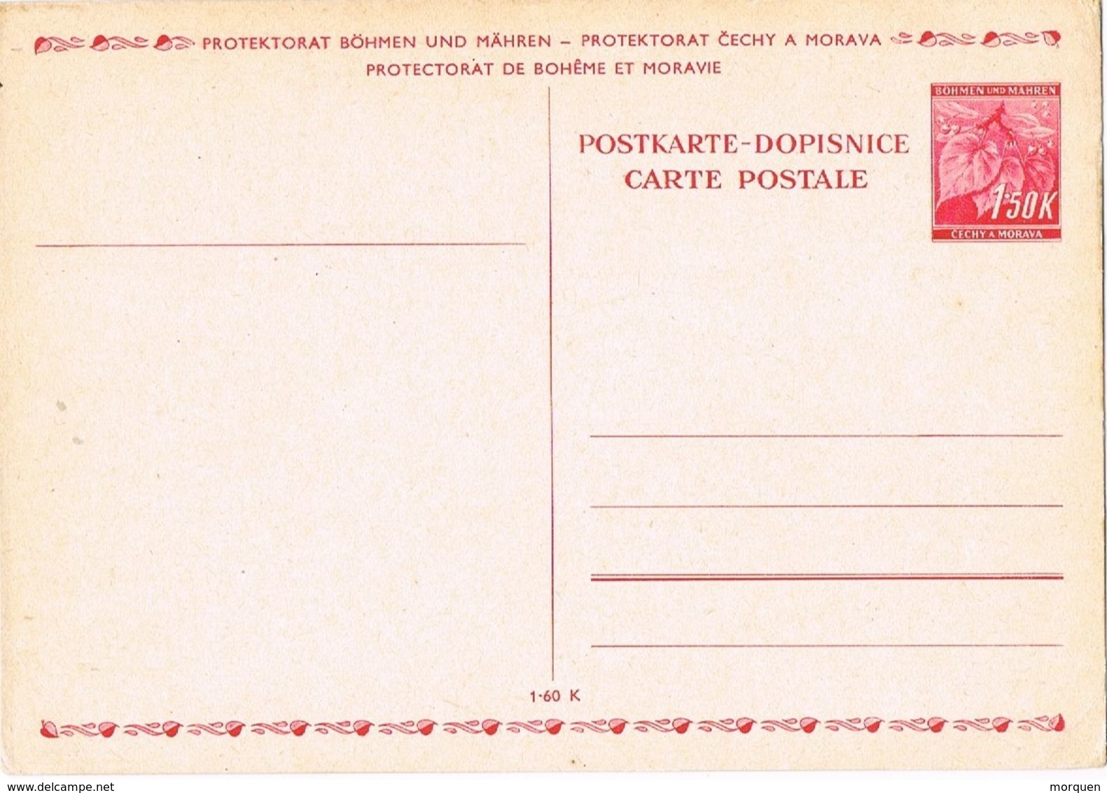 27451. Entero Postal BOHMEN Und MAHREN (Bohemia Moravia)  1,50 K. Ocupacion Checoslovaquia - Briefe U. Dokumente