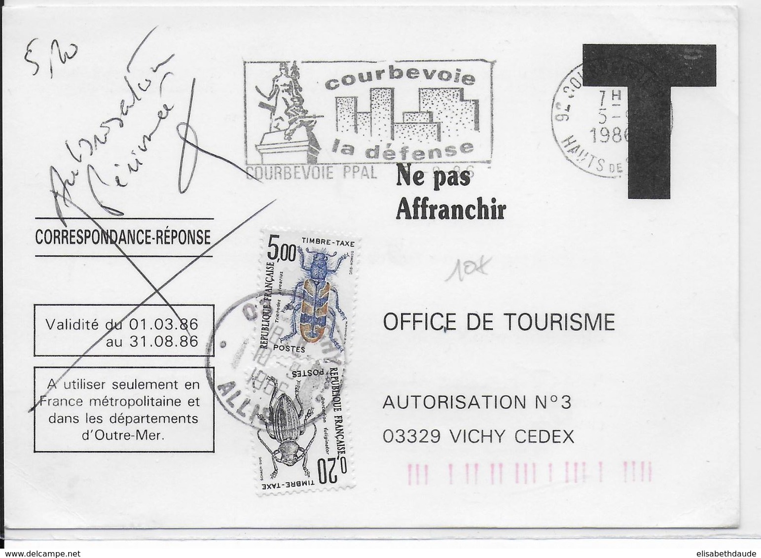 TAXE INSECTES - 1986 - CARTE REPONSE De COUBEVOIE => VICHY - AUTORISATION PERIMEE ! - 1960-.... Lettres & Documents