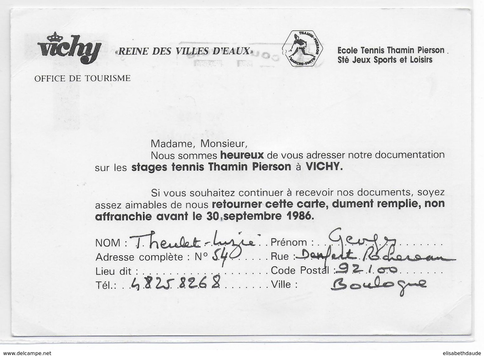 TAXE INSECTES - 1986 - CARTE REPONSE De COUBEVOIE => VICHY - AUTORISATION PERIMEE ! - 1960-.... Briefe & Dokumente
