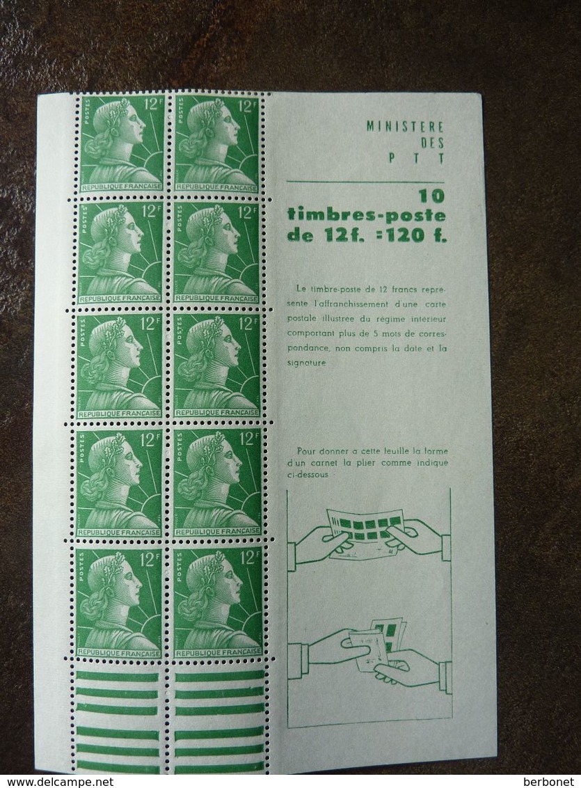 1955 Marianne Type Muller 12F Vert (YT : 1010 C2) 10 Timbres ** MNH - Autres & Non Classés