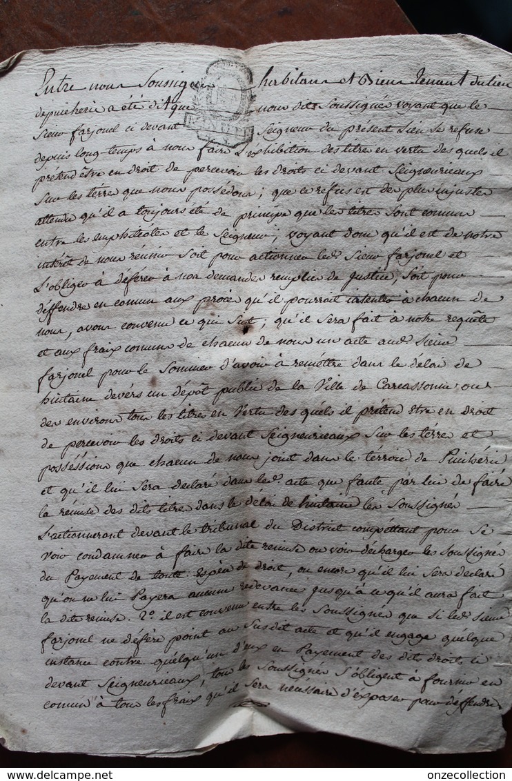 1791  -  PUICHERIC  ( AUDE )   COMPROMIS ENTRE LES PRINCIPAUX HABITANTS ET LE SEIGNEUR SUR LA PERCEPTION DES DROITS - Documents Historiques