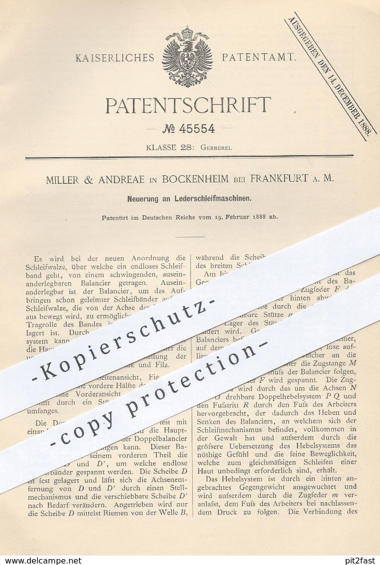 Original Patent - Miller & Andreae , Frankfurt / Main / Bockenheim , 1888 , Leder - Schleifmaschine | Gerber , Gerberei - Historische Dokumente