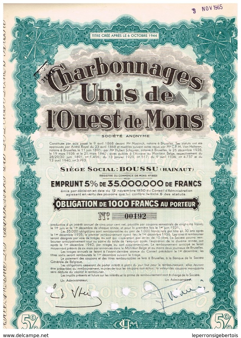 Obligation Ancienne - Sté Anonyme Des Charbonnages Unis De L'Ouest De Mons - - Mines