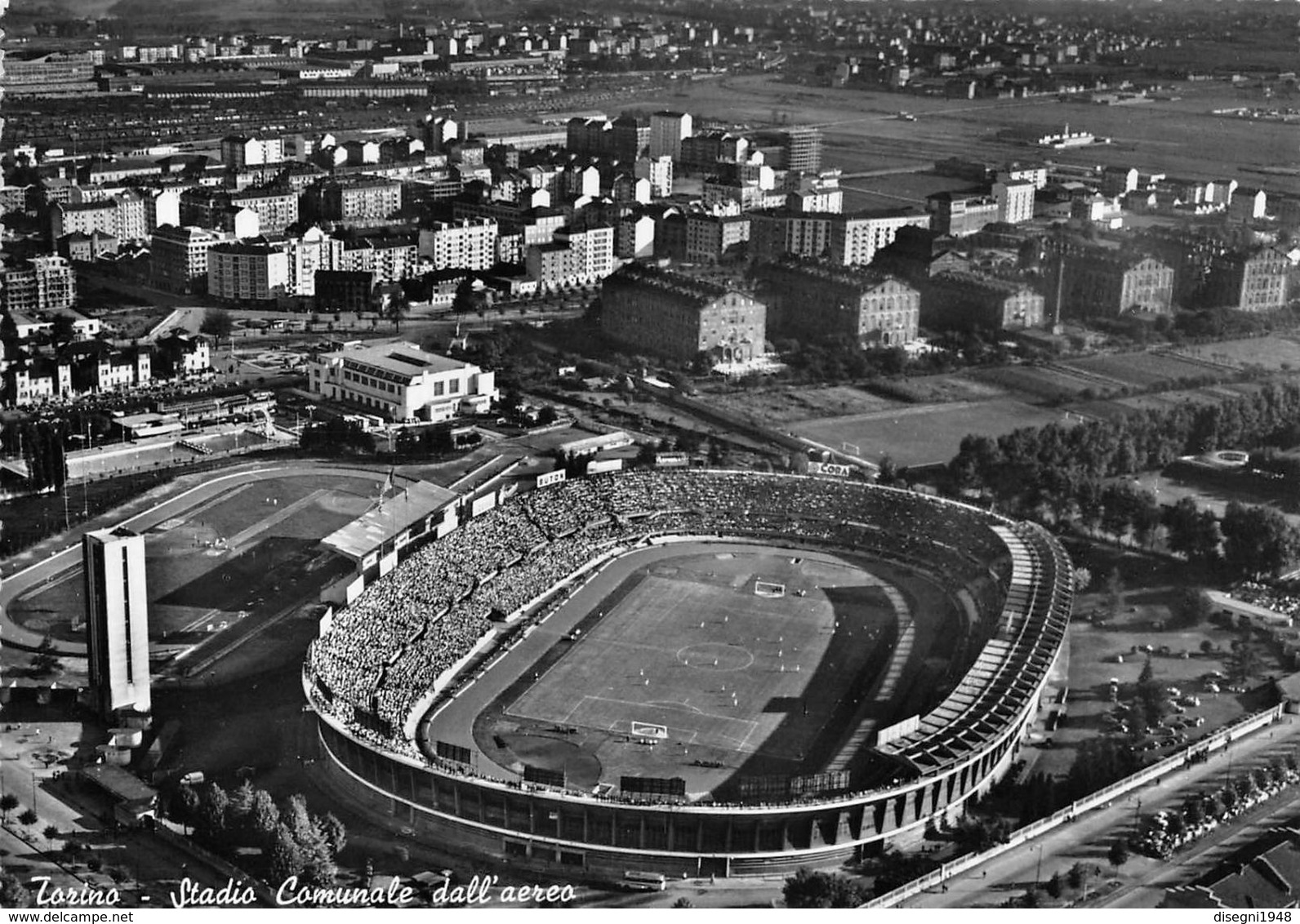 07265 "TORINO - STADIO COMUNALE DALL'AEREO - SACAT" ANIM., AUTO ANNI '50. CART. ORIG. NON SPED. - Multi-vues, Vues Panoramiques