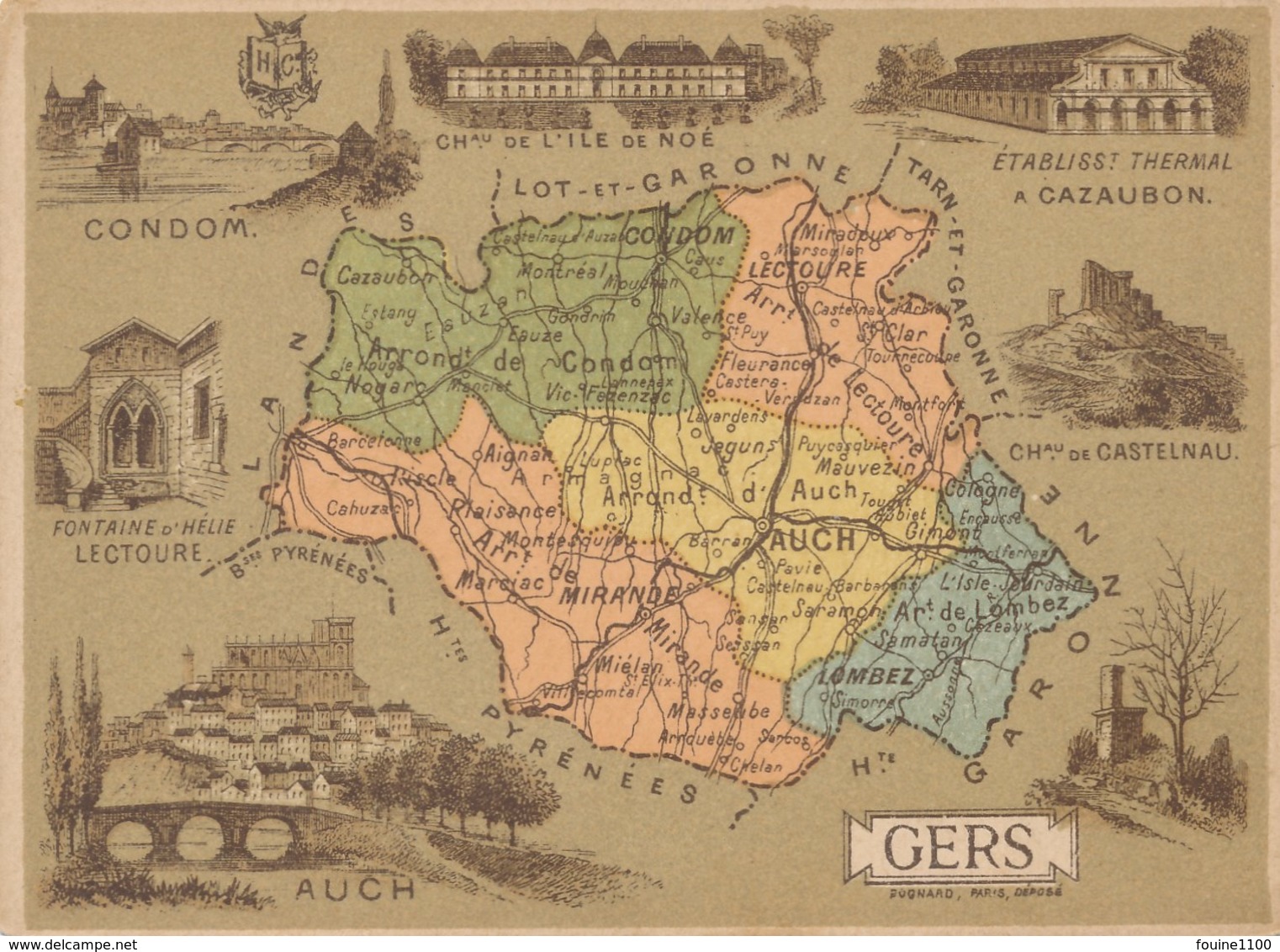 Chromo Bognard Carte Géographique Du Département De Gers Condom Auch Cazaubon Lectour Château De Castelnau - Autres & Non Classés