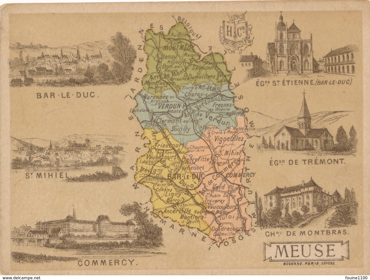 Chromo Bognard Carte Géographique Département De La Meuse Bar Le Duc Saint Mihiel Commercy Trémont Château De Montbras - Autres & Non Classés