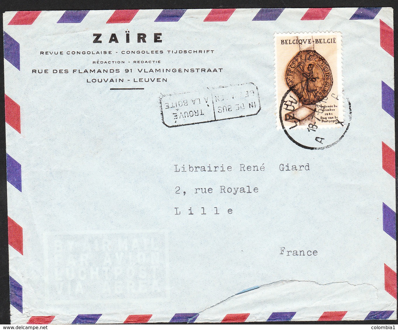 CONGO BELGE Lettre Revue Congolaise ZAIREN De LOUVAIN 1954 - Cartas & Documentos