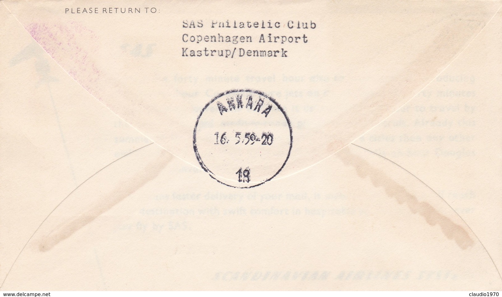 STORIA POSTALE - DANIMARCA - BUSTA PRIMO VOLO VIAGGIATA - COPENHAGEN - ANKARA  ANNO. 1959 - Storia Postale