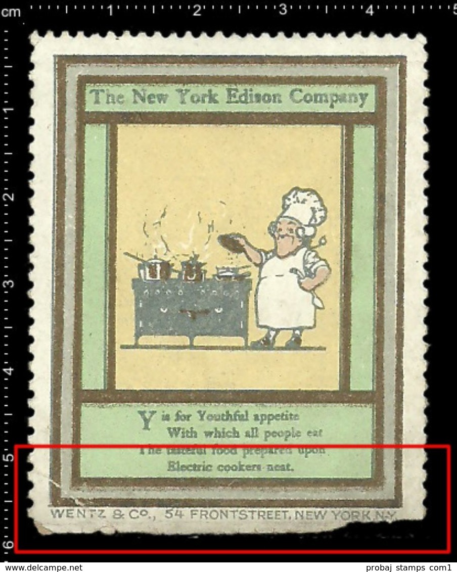 American Poster Stamp, Reklamemarke, Cinderella, The New York Edison Company, Thomas Edison, Chef, Koch. - Other & Unclassified