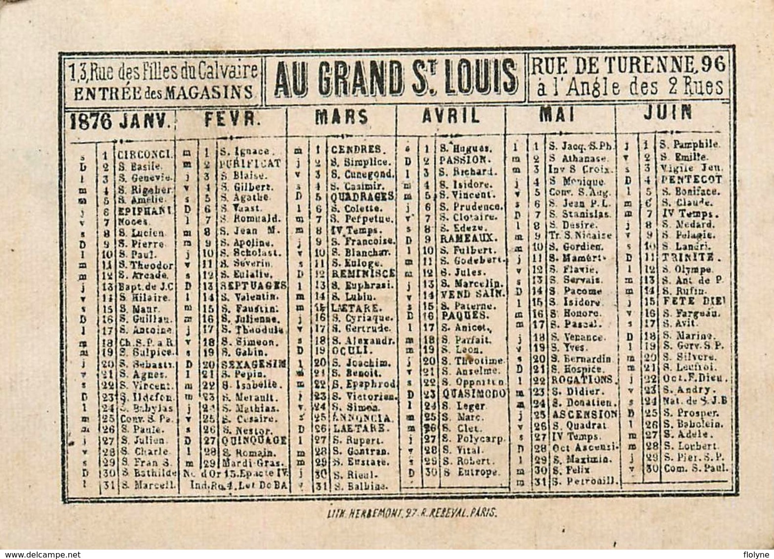 Petit Calendrier Ancien 1876 - Au Grand St Louis - Imprimerie Herbemont - Chromos Chromo - WXC5 - Tamaño Pequeño : ...-1900