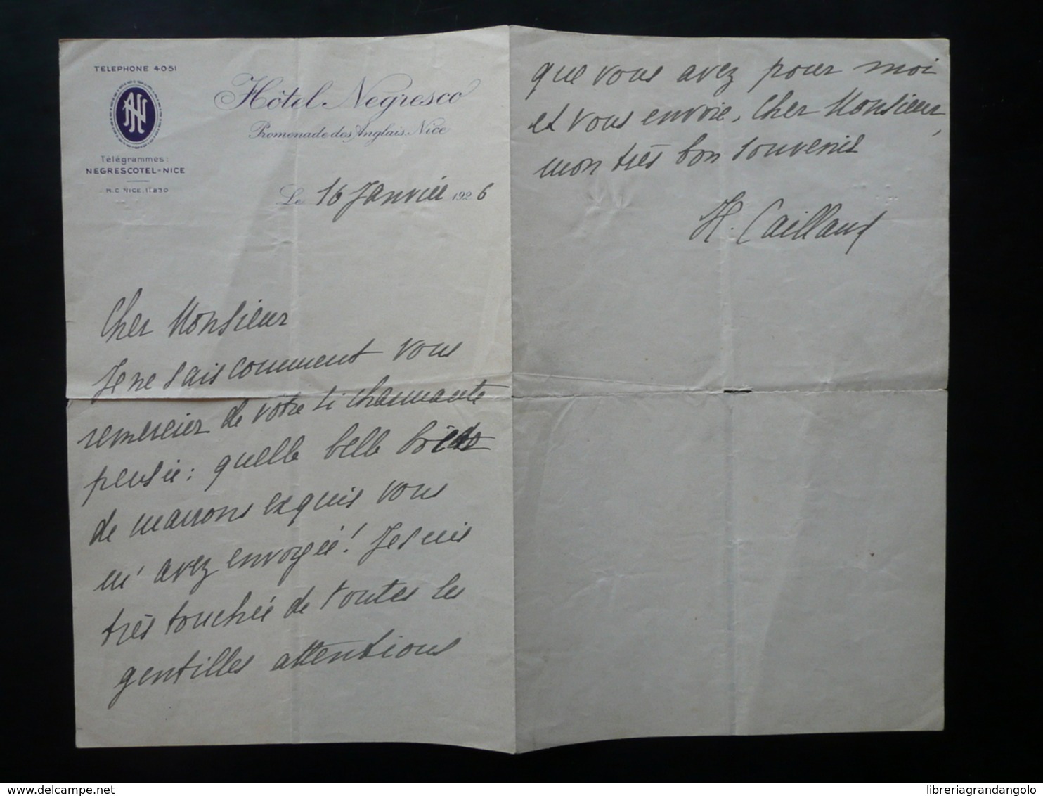 Autografo Joseph Caillaux Lettera Nizza 1926 Hotel Negresco 1° Ministro Francia - Autres & Non Classés