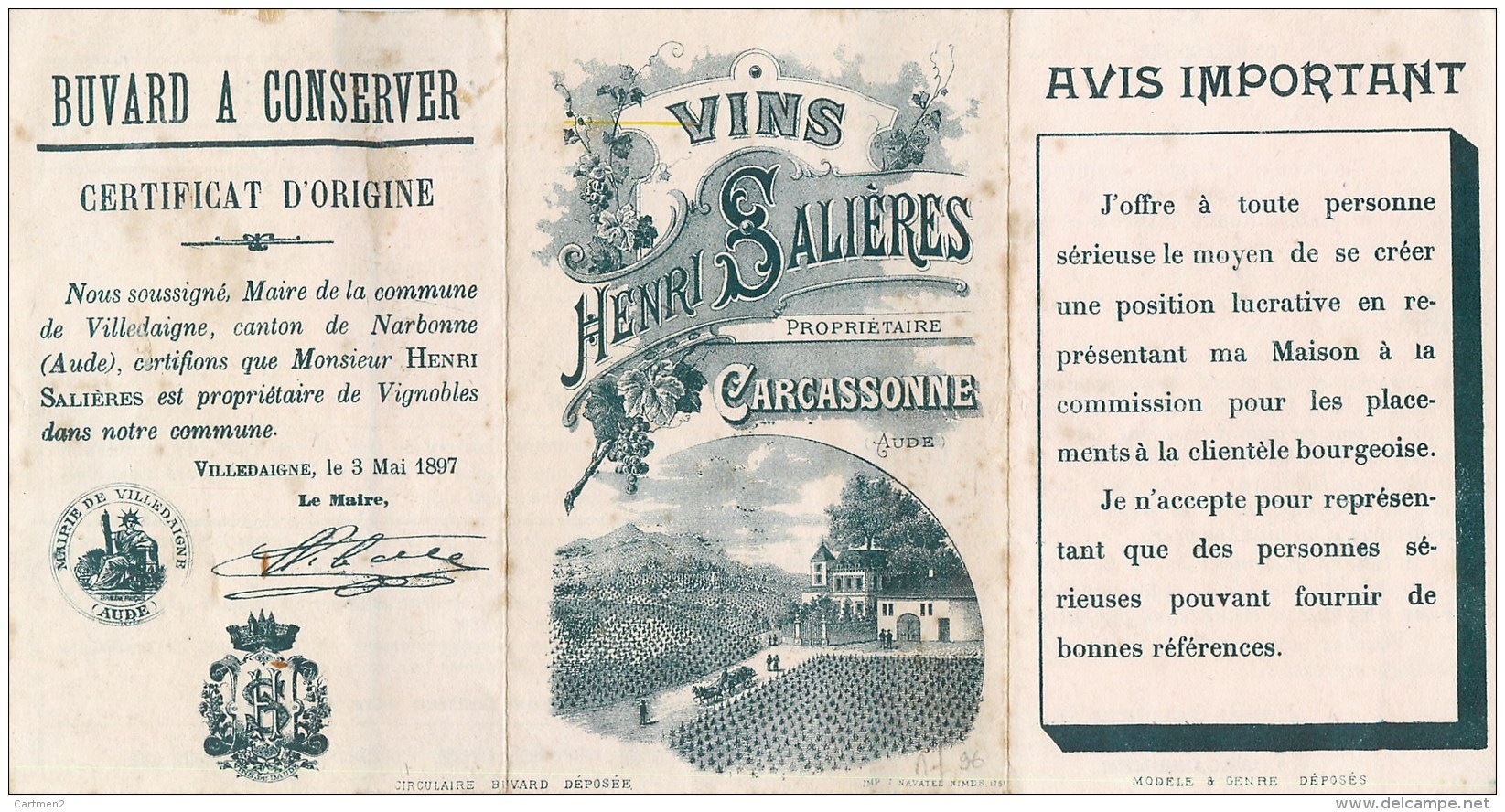 CARCASSONNE HENRI SALIERES DOMAINE VITICOLE BUVARD PUBLICITE VITICULTURE VENDANGES TARIFS PRIX DES VINS AUDE - Carcassonne