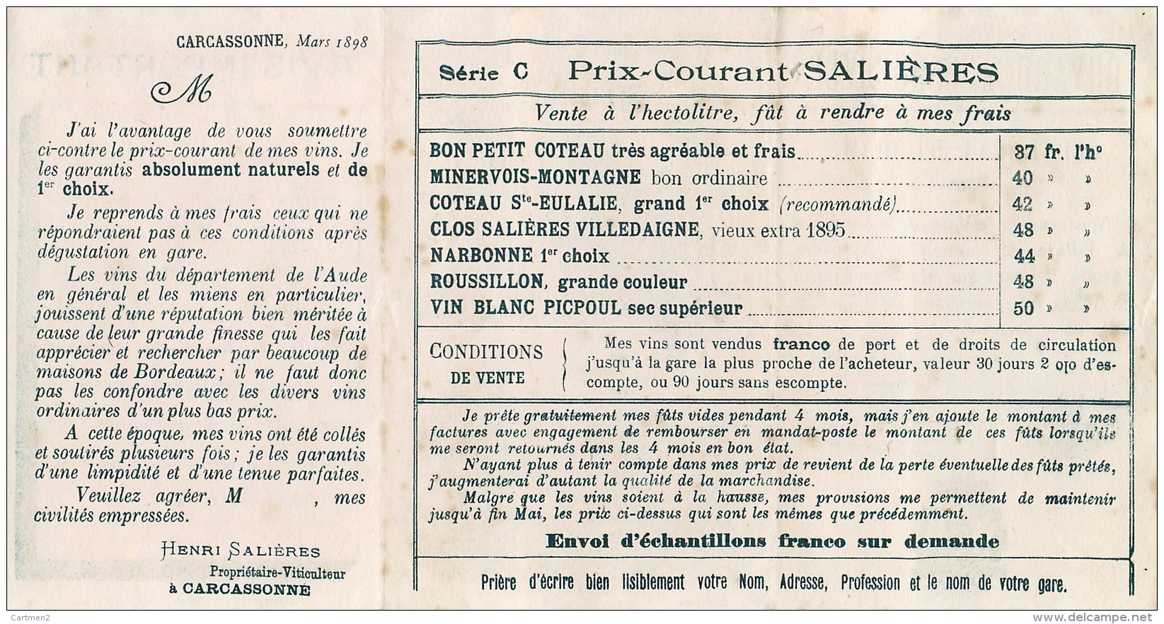 CARCASSONNE HENRI SALIERES DOMAINE VITICOLE BUVARD PUBLICITE VITICULTURE VENDANGES TARIFS PRIX DES VINS AUDE - Carcassonne