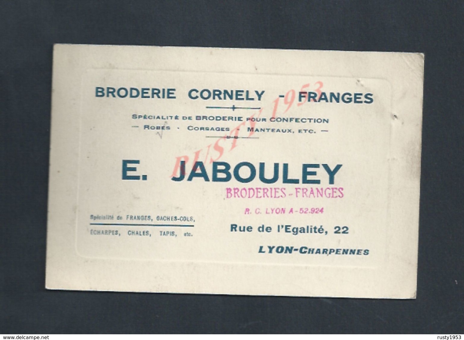 CDV CARTE DE VISITE E JABOULEY BRODERIE CORNELY FRANGES À LYON - CHARPENNES : - Cartes De Visite