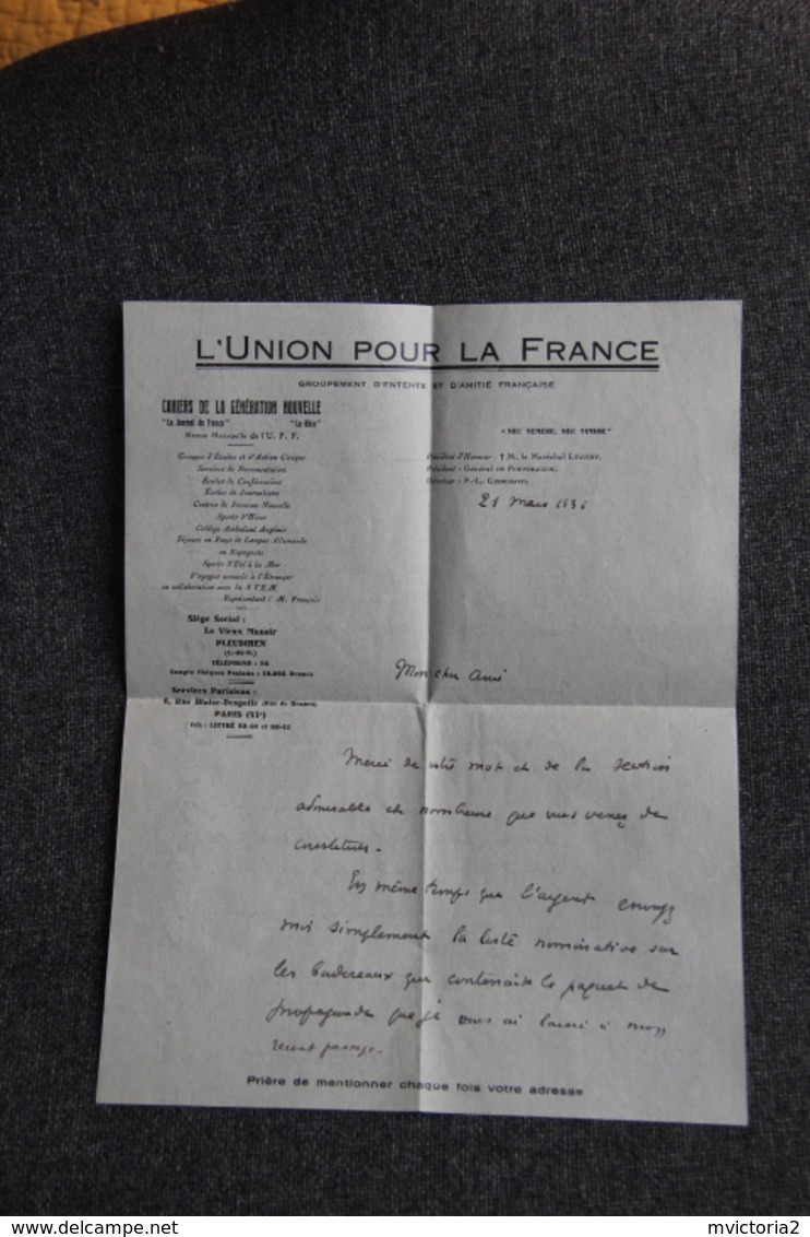 PLEUDIHEN - L'UNION POUR LA FRANCE , Lettre. - Documents Historiques